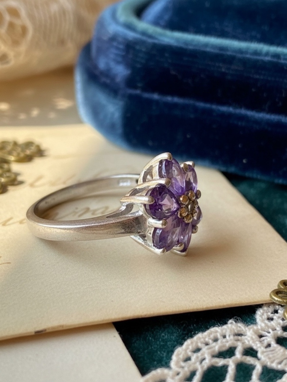 Sterling Silver Floral Amethyst Ring - Purple - Picture 3 of 6